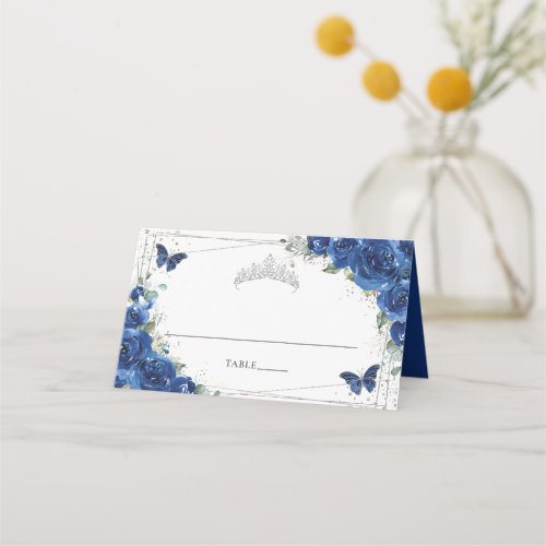 Royal Blue Floral Butterflies Quinceaera Birthday Place Card