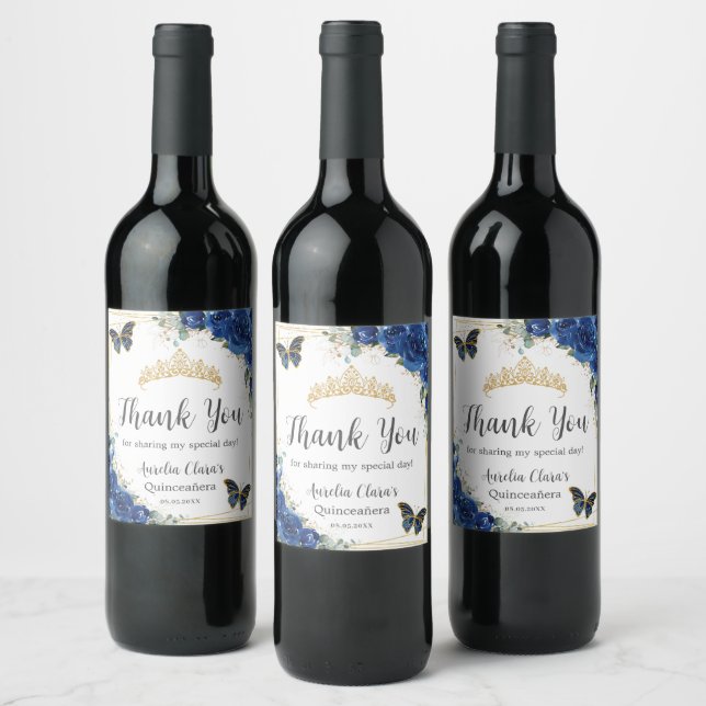 Royal Blue Floral Butterflies Quinceañera Favor  Wine Label (Bottles)