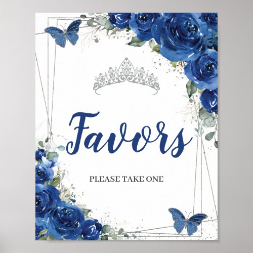 Royal Blue Floral Butterflies Quinceaera Favors Poster