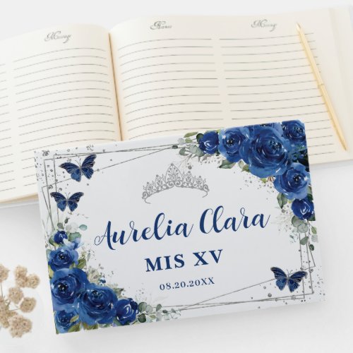 Royal Blue Floral Butterflies QUINCEAERA Mis XV  Guest Book