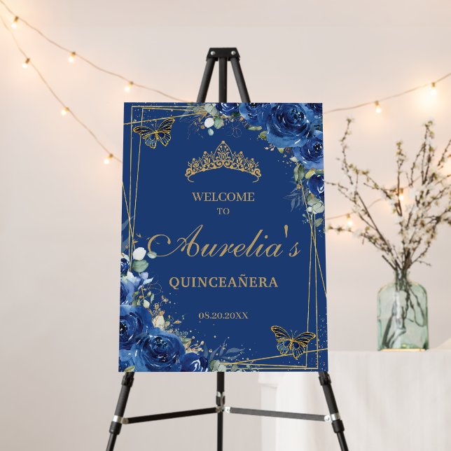 Royal Blue Floral Butterflies Quinceañera Welcome Foam Board (In Situ (Stand))