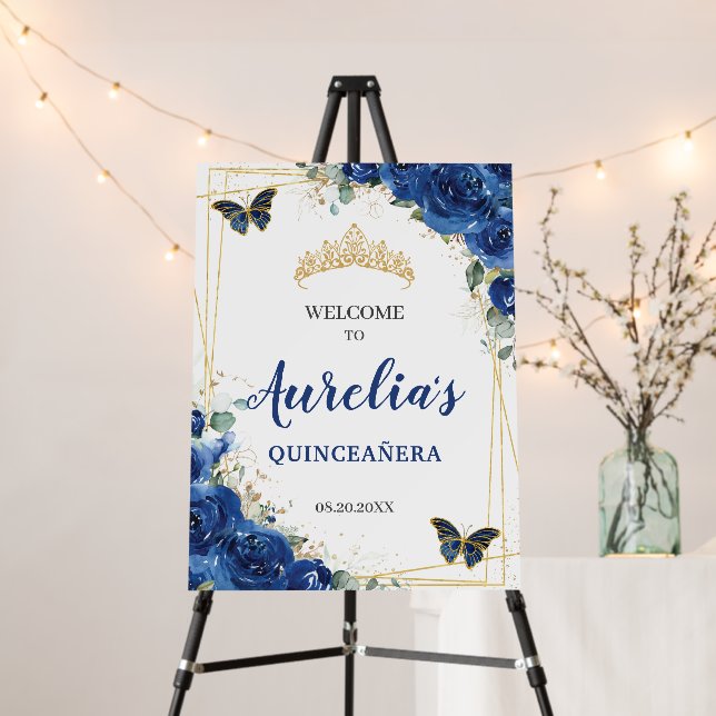 Royal Blue Floral Butterflies Quinceañera Welcome Foam Board (In Situ (Stand))