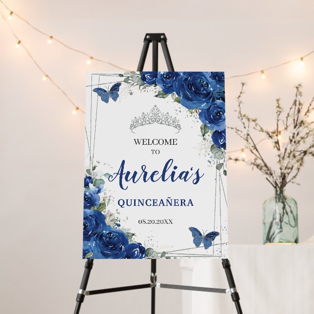 Royal Blue Floral Butterflies Quinceañera Welcome  Foam Board (In Situ (Stand))