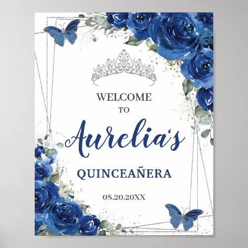Royal Blue Floral Butterflies Quinceaera Welcome Poster