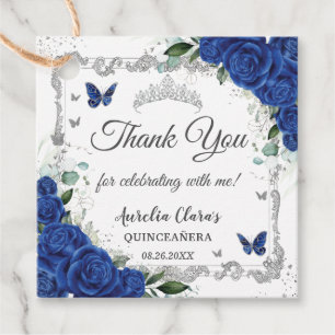 Royal Blue Floral Butterflies Silver Quinceañera Favor Tags