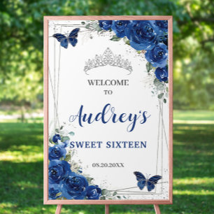 Royal Blue Floral Butterflies Sweet 16 Welcome  Foam Board