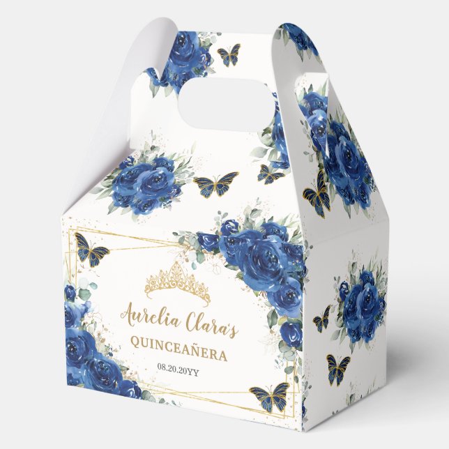 Royal Blue Floral Butterflies XV 16 Birthday Gable Favor Boxes (Front)