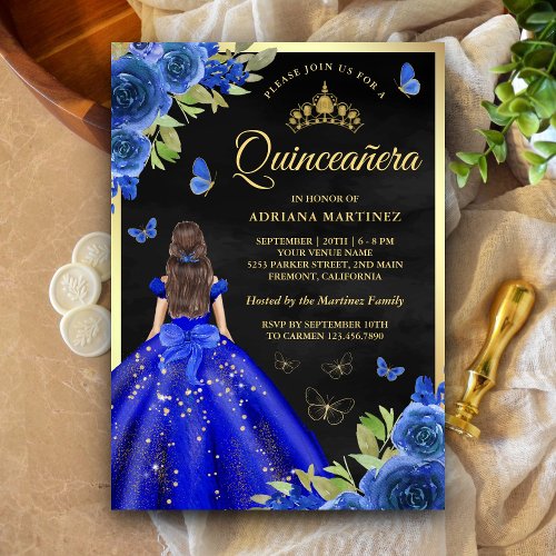 Royal Blue Floral Butterfly Black Gold Quinceanera Invitation