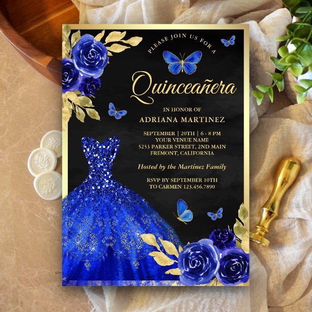 Royal Blue Floral Butterfly Black Gold Quinceanera Invitation (Creator Uploaded)