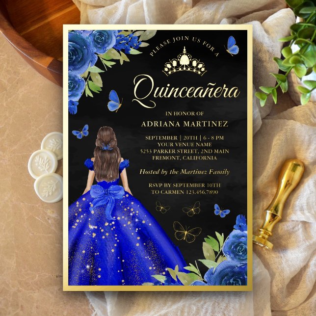 Royal Blue Floral Butterfly Black Quinceanera Gold Foil Invitation (Creator Uploaded)
