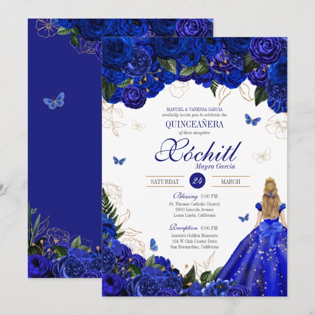 Royal Blue Floral Butterfly Elegant Quinceañera Invitation (Front/Back)