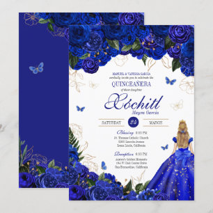 Royal Blue Floral Butterfly Elegant Quinceañera Invitation