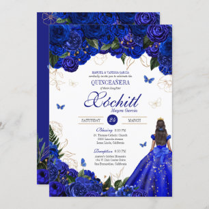 Royal Blue Floral Butterfly Elegant Quinceañera Invitation