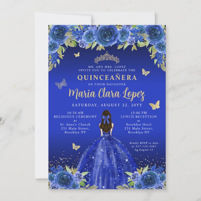 Royal Blue Floral Butterfly Princess Quinceanera Invitation (Front)