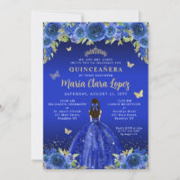 Royal Blue Floral Dress Butterfly Quinceanera Gold Foil Invitation, Zazzle