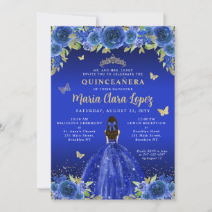 Royal Blue Floral Butterfly Princess Quinceanera Invitation