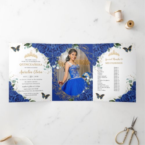 Royal Blue Floral Butterfly Quincea&#241;era 15 Photos Tri-Fold Invitation