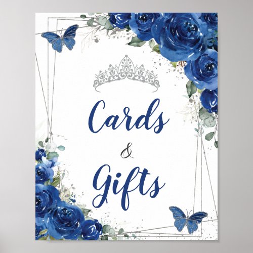 Royal Blue Floral Butterfly Quinceaera Cards Gift Poster