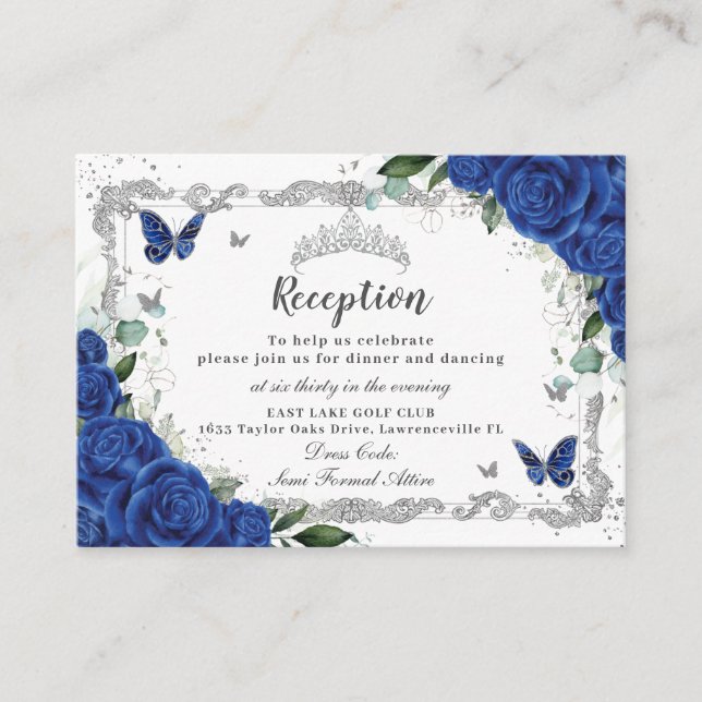 Royal Blue Floral Butterfly Quinceañera Reception Enclosure Card (Front)