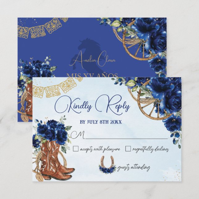 Royal Blue Floral Charro West Quinceañera Reply RSVP Card (Front/Back)