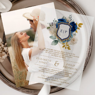 Royal Blue Floral Crest Monogram Wedding Vellum Invitations