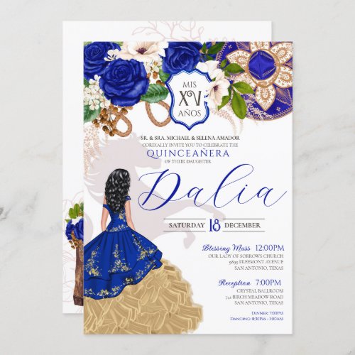 Royal Blue Floral Crest Rose Charro Quinceaera In Invitation