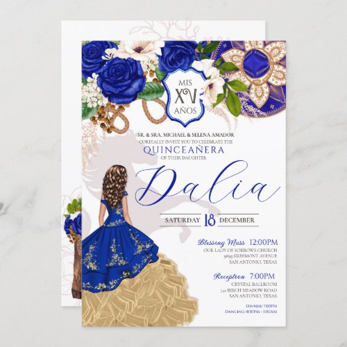 Royal Blue Floral Crest Rose Charro Quinceaera  Invitation
