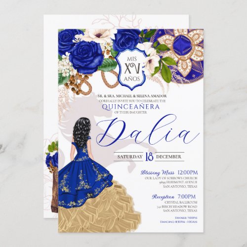 Royal Blue Floral Crest Rose Charro Quinceaera Invitation
