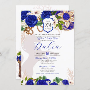 Royal Blue Floral Crest Rose Charro Quinceañera Invitation