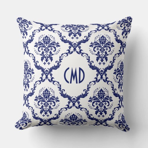 Royal Blue Floral Damask On White Throw Pillow