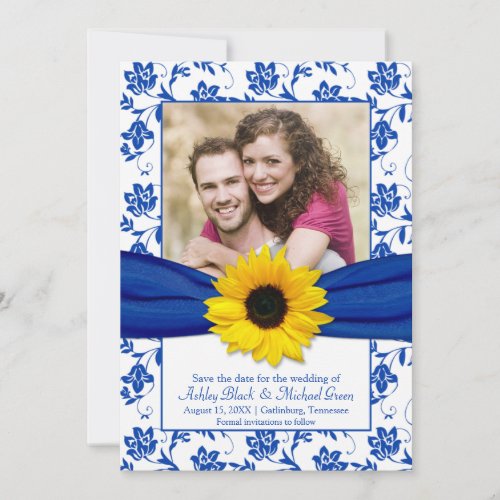 Royal Blue Floral Damask Sunflower Save the Date