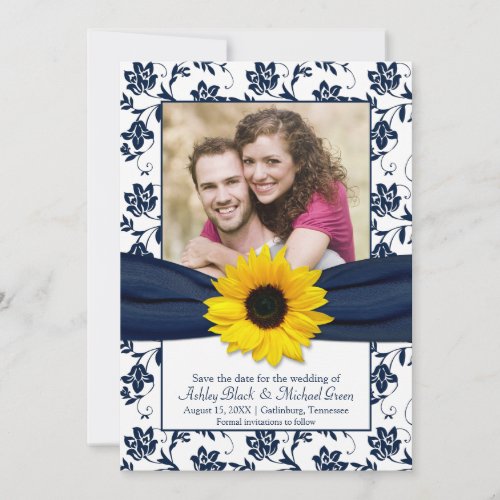 Navy and White Floral Damask Save the Date Invite