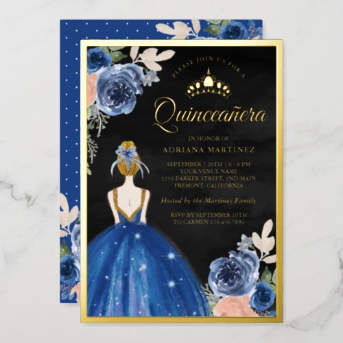 Royal Blue Floral Dress Black Quinceanera Gold Foil Invitation