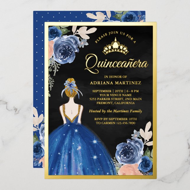 Royal Blue Floral Dress Black Quinceanera Gold Foil Invitation (Front/Back)