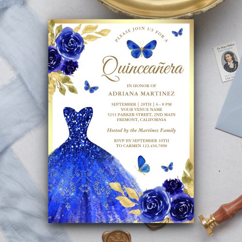 Royal Blue Floral Dress Butterfly Gold Quinceanera Invitation