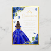 Royal Blue Floral Dress Butterfly Quinceanera Gold Foil Invitation (Standing Front)