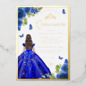 Royal Blue Floral Dress Butterfly Quinceanera Gold Foil Invitation (Front)
