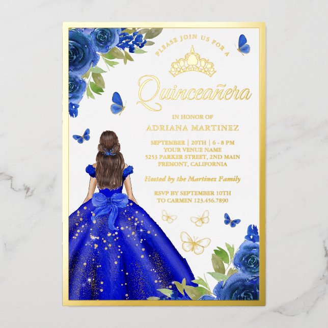Royal Blue Floral Dress Butterfly Quinceanera Gold Foil Invitation | Zazzle Royal Blue Floral Dress Butterfly Quinceanera Gold Foil Invitation | Zazzle