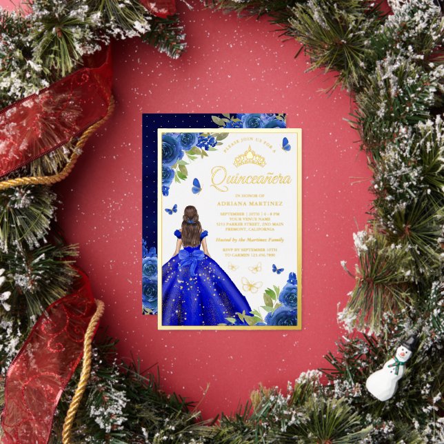 Royal Blue Floral Dress Butterfly Quinceanera Gold Foil Invitation | Zazzle Royal Blue Floral Dress Butterfly Quinceanera Gold Foil Invitation | Zazzle
