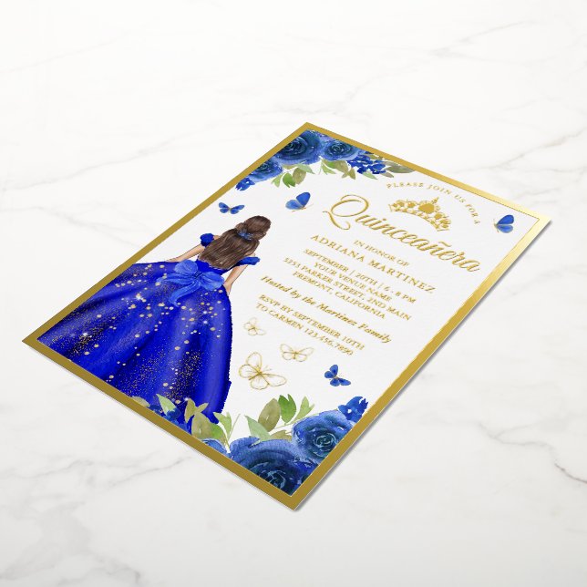 Royal Blue Floral Dress Butterfly Quinceanera Gold Foil Invitation | Zazzle Royal Blue Floral Dress Butterfly Quinceanera Gold Foil Invitation | Zazzle