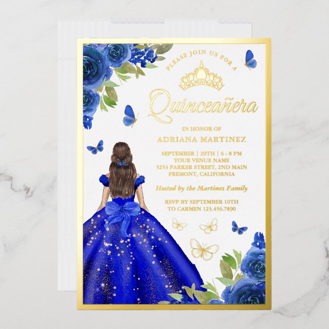 Royal Blue Floral Dress Butterfly Quinceanera Gold Foil Invitation | Zazzle Royal Blue Floral Dress Butterfly Quinceanera Gold Foil Invitation | Zazzle