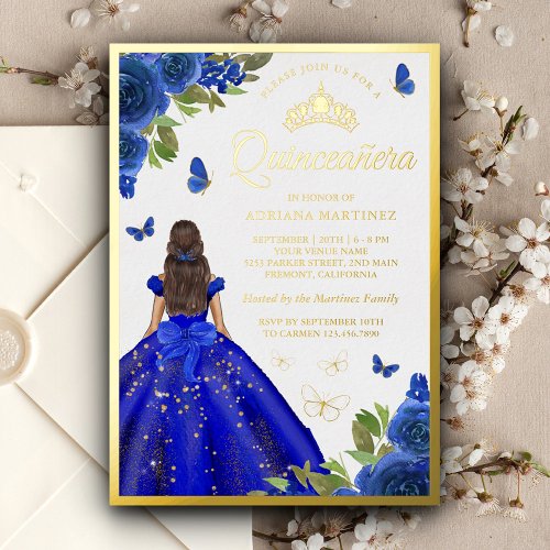 Royal Blue Floral Dress Butterfly Quinceanera Gold Foil Invitation