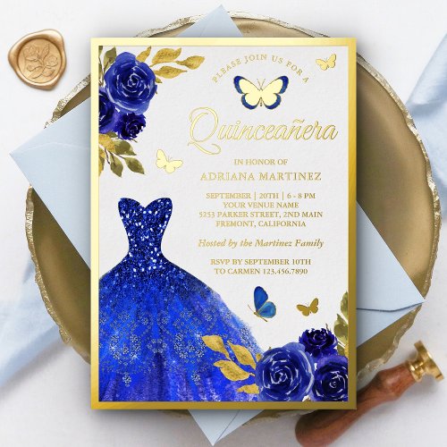 Royal Blue Floral Dress Butterfly Quinceanera Gold Foil Invitation