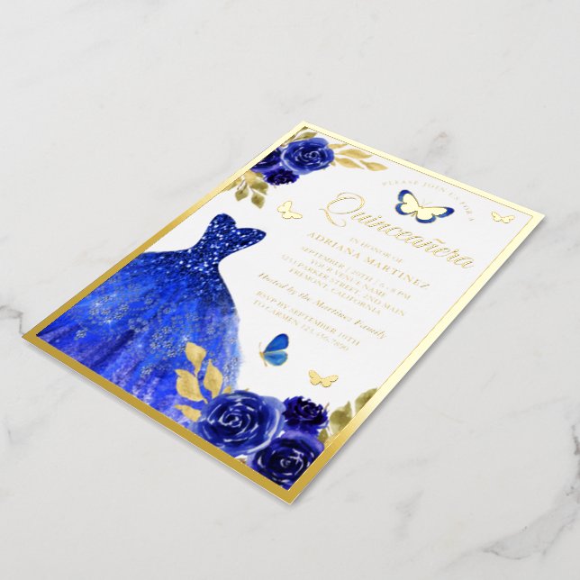 Royal Blue Floral Dress Butterfly Quinceanera Gold Foil Invitation, Zazzle