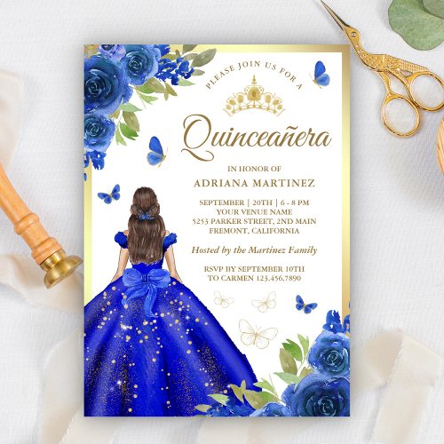 Royal Blue Floral Dress Butterfly Quinceanera  Invitation