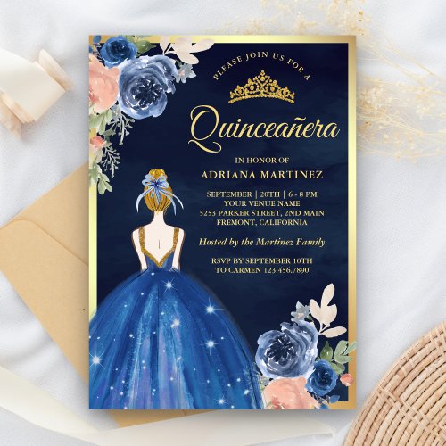 Royal Blue Floral Dress Navy Gold Quinceanera Invitation