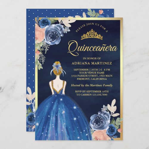 Royal Blue Floral Dress Navy Gold Quinceanera Invitation