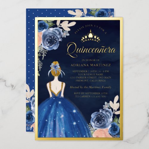 Royal Blue Floral Dress Navy Quinceanera Gold Foil Invitation