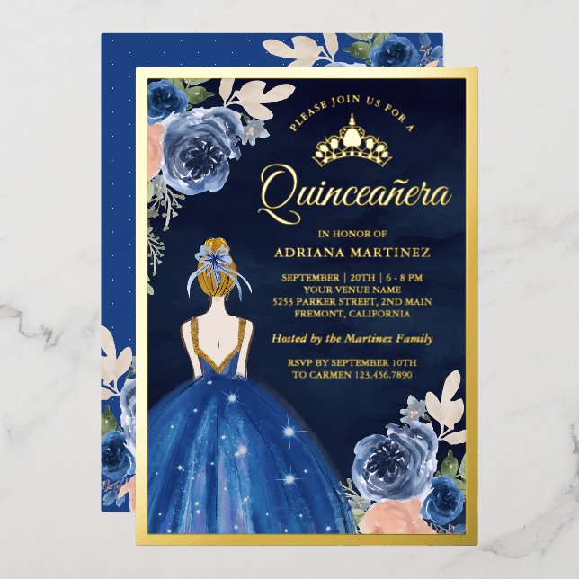 Royal Blue Floral Dress Navy Quinceanera Gold Foil Invitation (Front/Back)