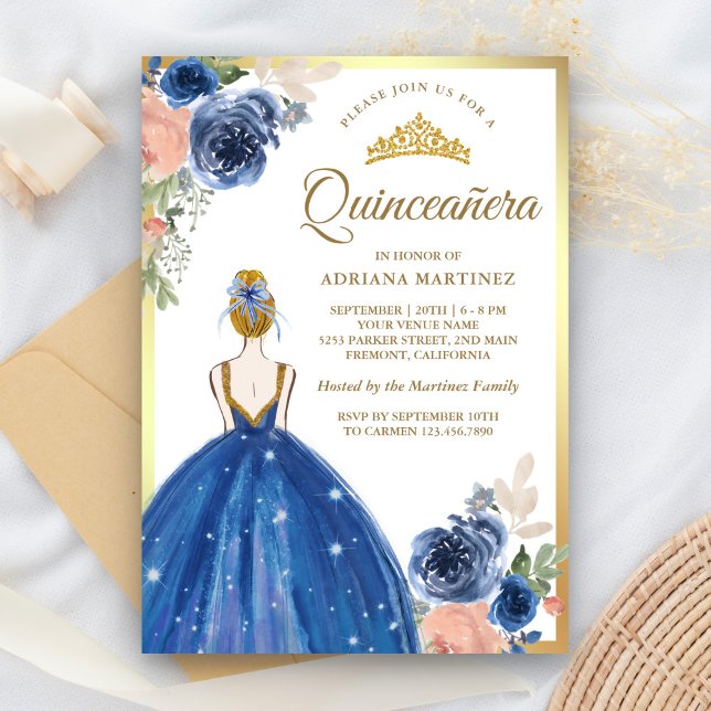 Royal Blue Floral Dress Princess Gold Quinceanera Invitation (Creator Uploaded)